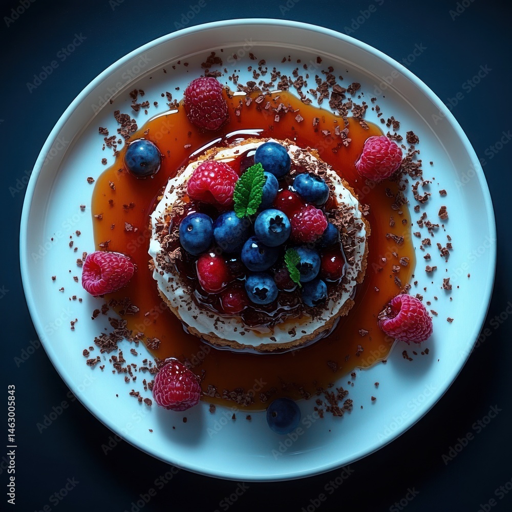 Close-up of a dessert pancake topped with fresh blueberries, raspberries, mint leaves, chocolate shavings, and surrounded by caramel sauce on a white plate
