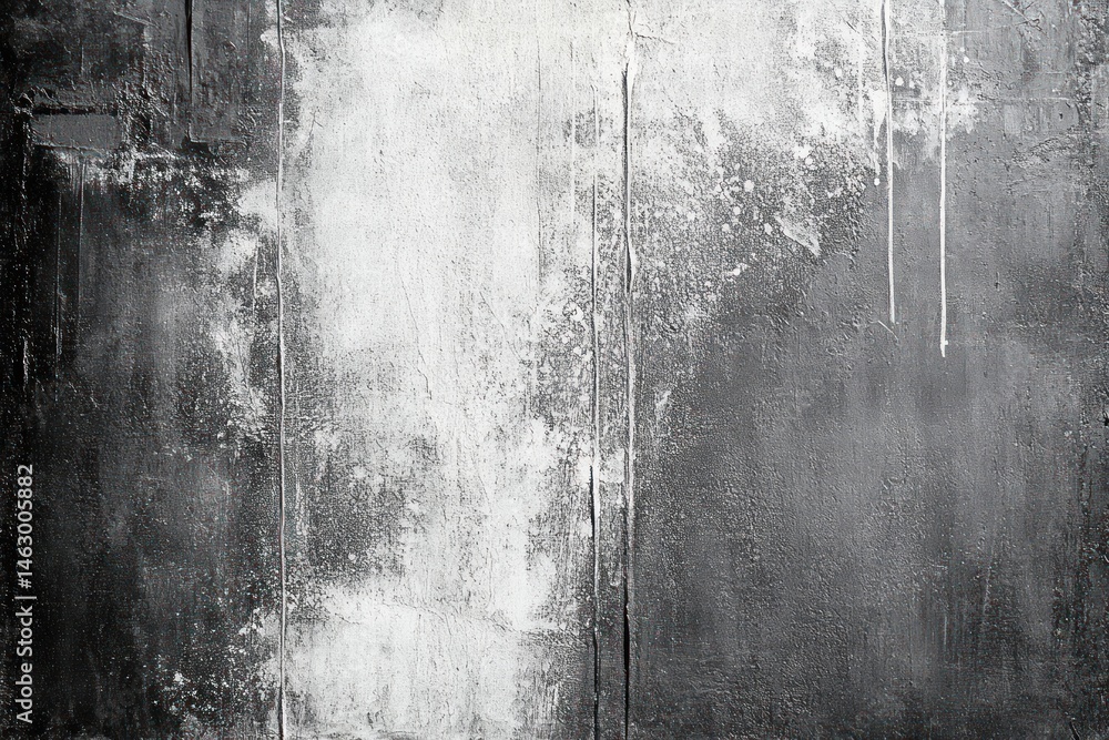 abstract black and white textured wall with paint drips and rough surface showing contrast between dark and light areas