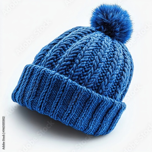 Obraz na płótnie blue knitted winter hat with pom pom on top isolated on white background w salonie