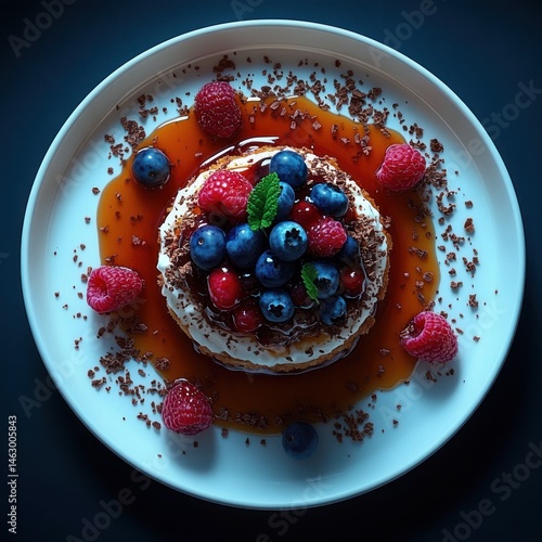 Obraz na płótnie Close-up of a dessert pancake topped with fresh blueberries, raspberries, mint leaves, chocolate shavings, and surrounded by caramel sauce on a white plate w salonie