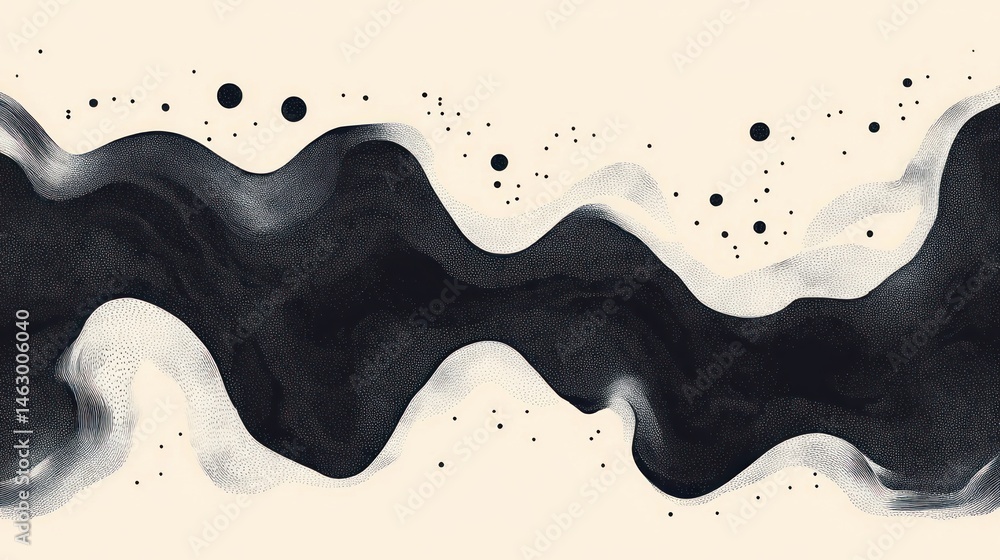 Abstract black fluid wave with dotted texture flowing horizontally on a light beige background, surrounded by scattered small black dots, evoking a sense of movement and calm