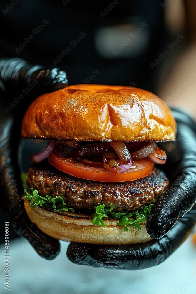 Close-up of a juicy grilled beef burger with lettuce, tomato, and caramelized onions held by hands wearing black gloves