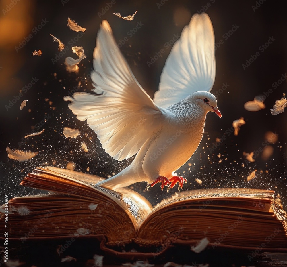 white dove with spread wings taking off from an open ancient book surrounded by floating feathers in warm light
