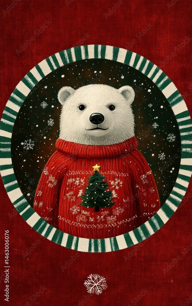 A white bear wearing a red Christmas sweater with a decorated tree on it, surrounded by snowflakes inside a green and white striped oval frame, conveying a festive winter holiday mood