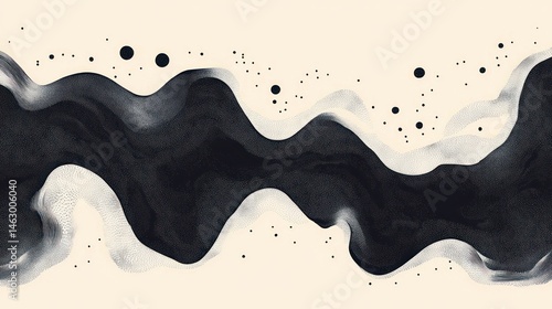 Abstract black fluid wave with dotted texture flowing horizontally on a light beige background, surrounded by scattered small black dots, evoking a sense of movement and calm