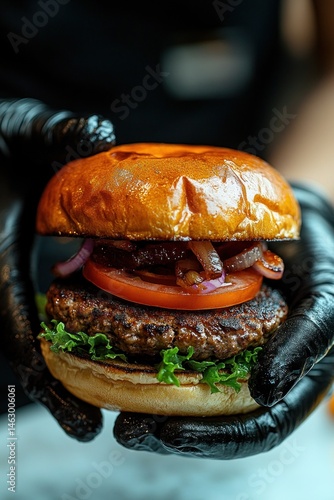 Obraz na płótnie Close-up of a juicy grilled beef burger with lettuce, tomato, and caramelized onions held by hands wearing black gloves w salonie