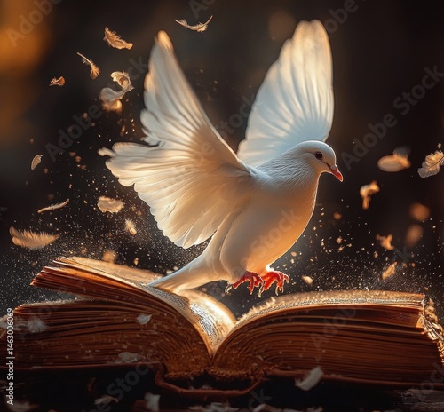 Obraz na płótnie white dove with spread wings taking off from an open ancient book surrounded by floating feathers in warm light w salonie