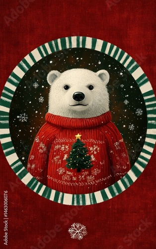 Obraz na płótnie A white bear wearing a red Christmas sweater with a decorated tree on it, surrounded by snowflakes inside a green and white striped oval frame, conveying a festive winter holiday mood w salonie