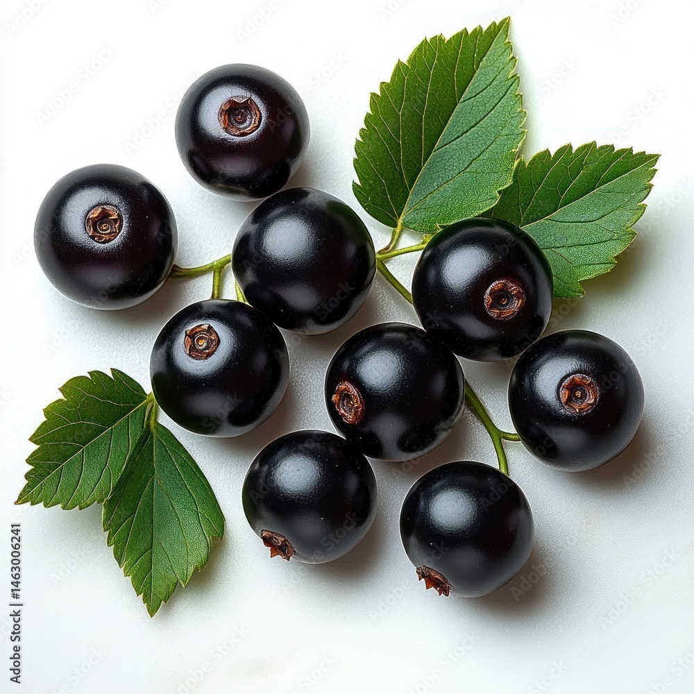 Fresh black currant berries with green leaves arranged on a white surface, showcasing glossy dark round fruits and vibrant foliage, evoking natural freshness