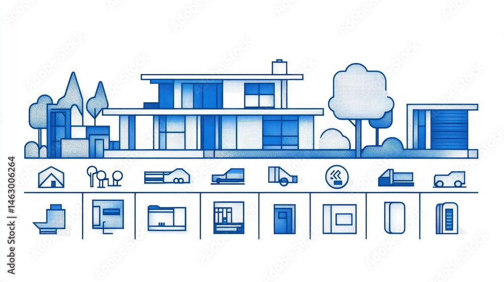 Illustration of a modern two-story house with trees, a detached garage, and multiple construction and architectural icons below representing building elements and landscaping