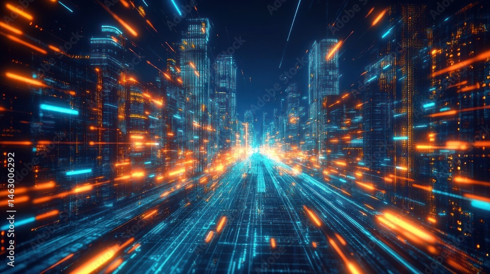 Futuristic cityscape at night with glowing skyscrapers and streaks of blue and orange light creating a dynamic, fast-paced atmosphere