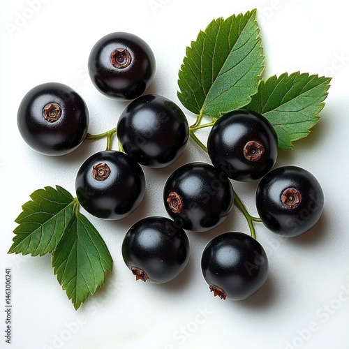 Fresh black currant berries with green leaves arranged on a white surface, showcasing glossy dark round fruits and vibrant foliage, evoking natural freshness