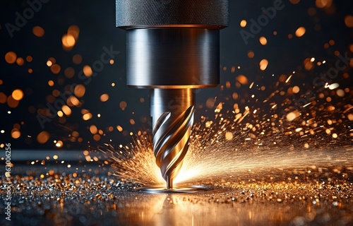 Obraz na płótnie Close-up of a metal milling machine cutting into a surface with bright orange sparks flying against a dark background, showcasing industrial precision and energy w salonie