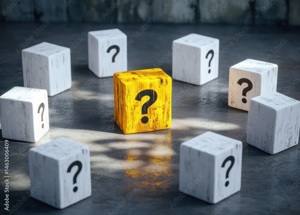 yellow wooden cube with question mark surrounded by white wooden cubes with question marks on a dark surface symbolizing uncertainty and focus