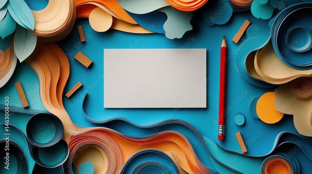 Blank rectangular card surrounded by colorful curled paper strips and shapes with a red pencil on a blue background, creating an artistic and creative atmosphere
