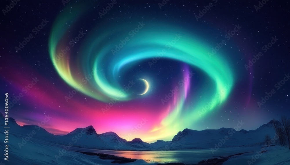 Vibrant swirling northern lights in green and purple hues illuminating a crescent moon above snowy mountains reflected in a calm lake at twilight