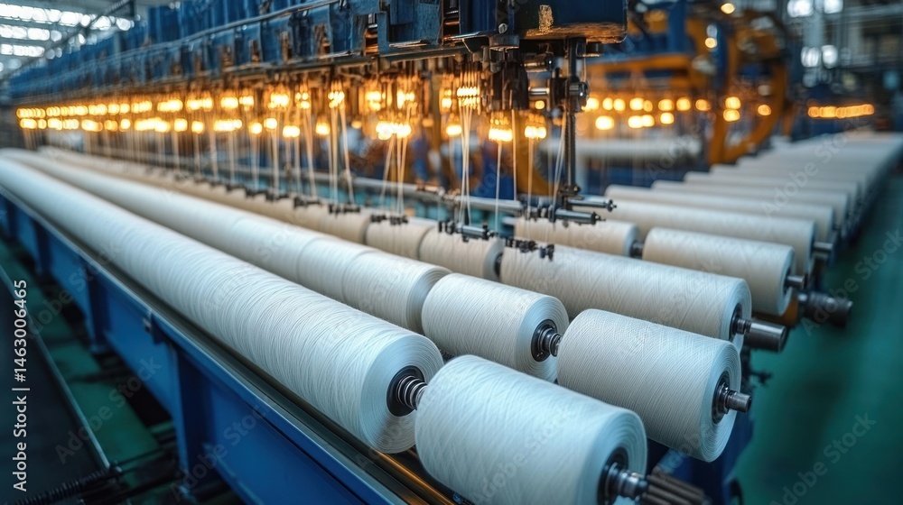 Rows of white thread spools on blue industrial machinery with warm overhead lighting in a textile manufacturing factory