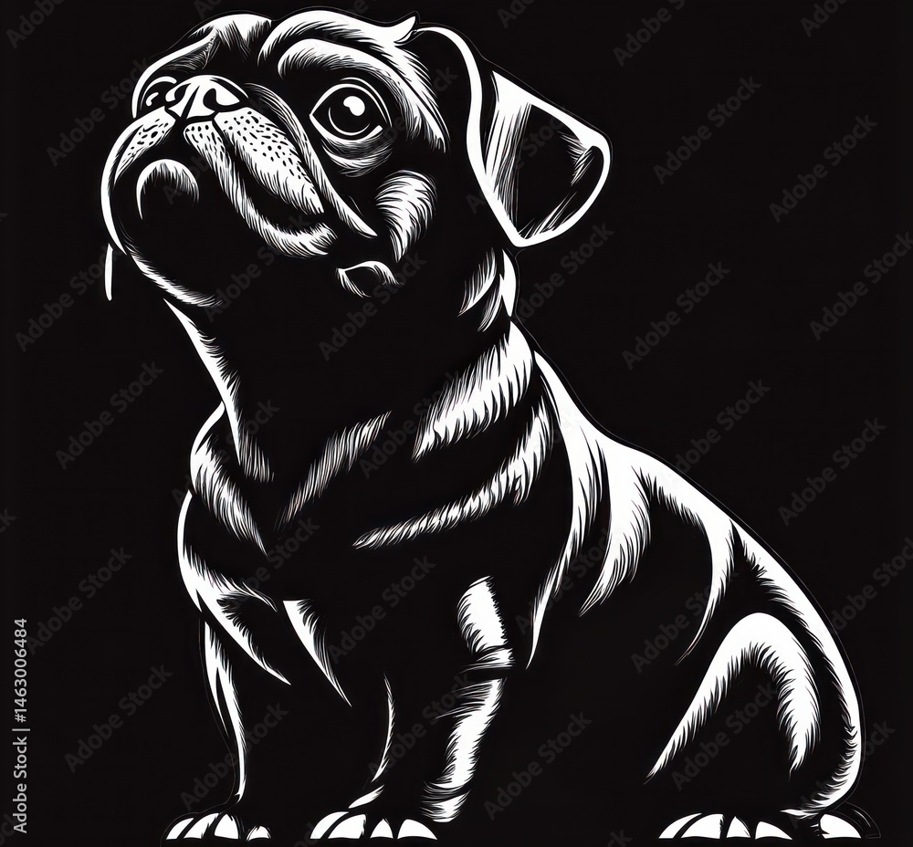 Illustration of a small dog sitting and looking upward with a hopeful and attentive expression on a black background