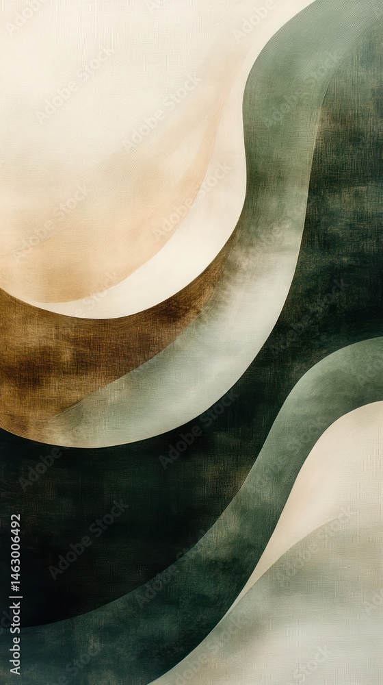 Abstract composition of smooth flowing shapes with soft beige, brown, grey, and dark green tones creating a calming and organic visual effect