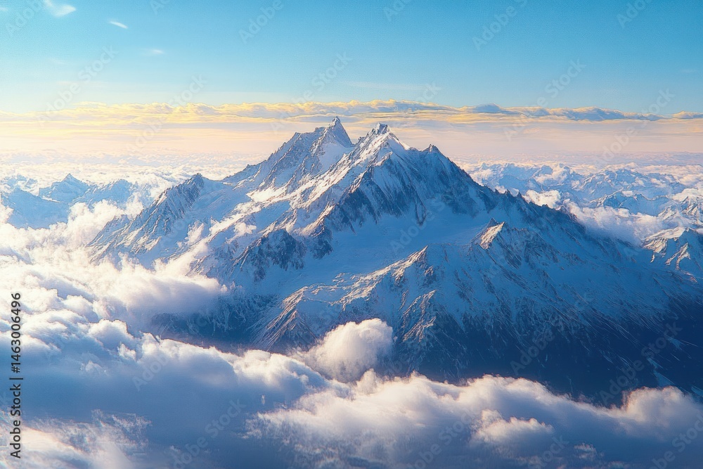 Majestic snow-covered mountain peaks rising above a sea of clouds under a bright blue sky during sunrise or sunset