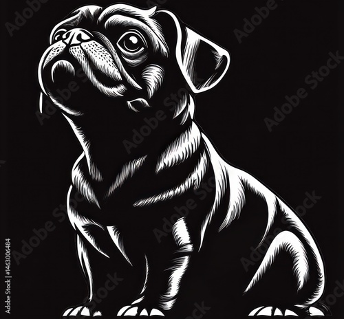 Obraz na płótnie Illustration of a small dog sitting and looking upward with a hopeful and attentive expression on a black background w salonie