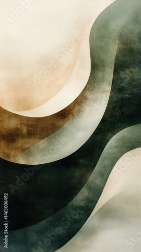 Obraz na płótnie Abstract composition of smooth flowing shapes with soft beige, brown, grey, and dark green tones creating a calming and organic visual effect w salonie