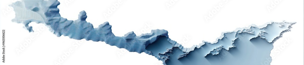 Three-dimensional shaded topographic relief map showing varying elevations with valleys and peaks in blue and white tones