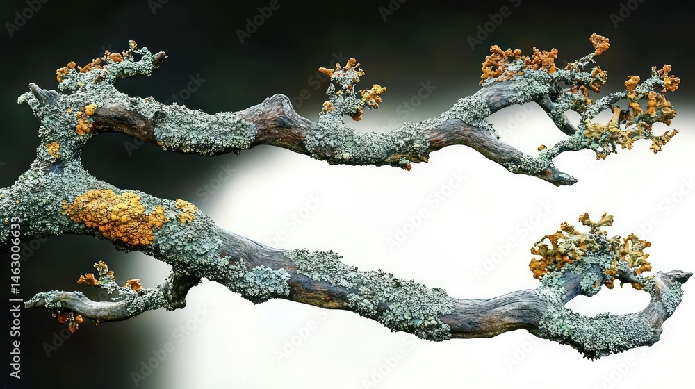 Close-up of two dry twisted tree branches covered with greenish-gray and orange lichen against a dark to light gradient background