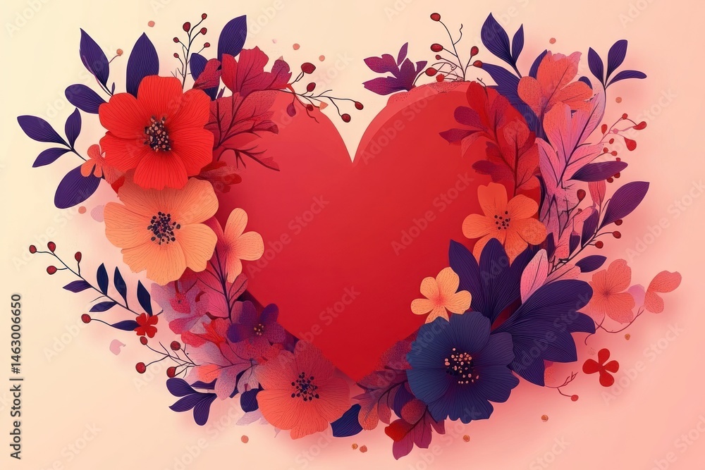Red heart surrounded by vibrant red, orange, purple, and pink flowers and leaves on a soft beige and pink gradient background, evoking feelings of love and warmth