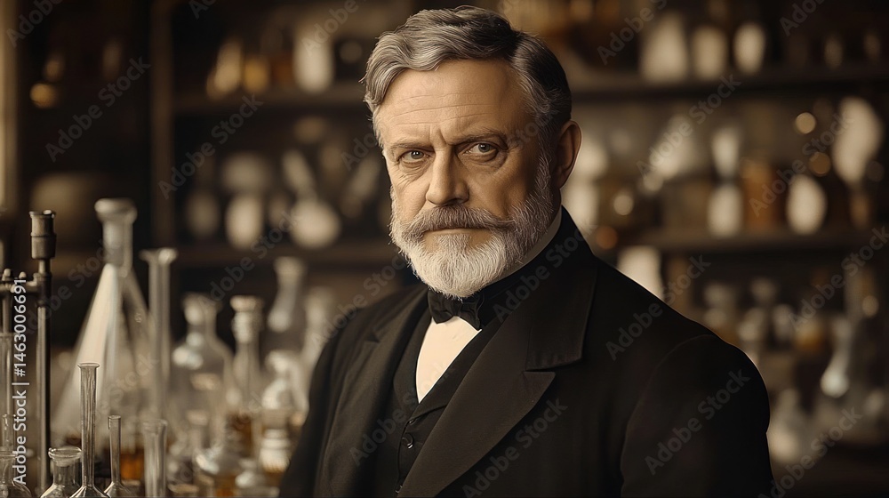 serious elderly man with gray hair and beard standing in a vintage laboratory surrounded by glass scientific equipment and bottles