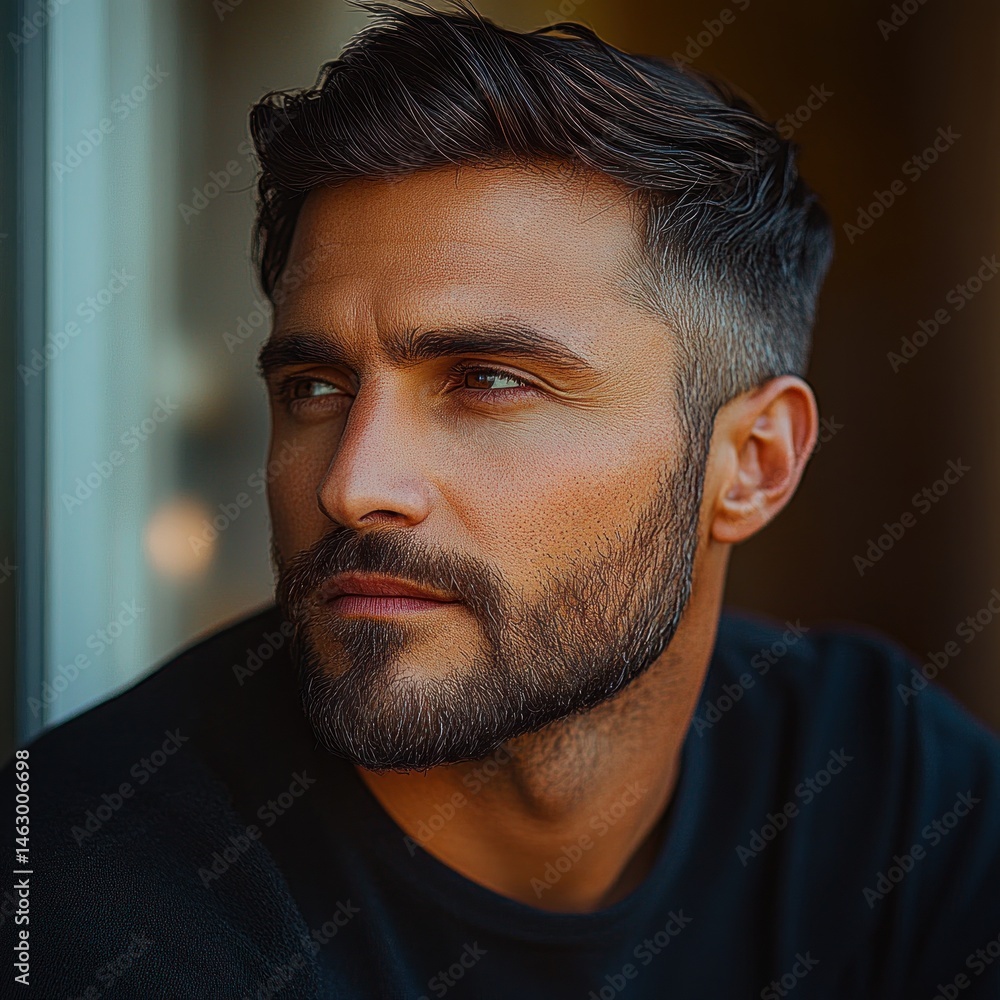 close-up portrait of a serious young man with a neatly trimmed beard and short dark hair looking thoughtfully out of a window with warm lighting