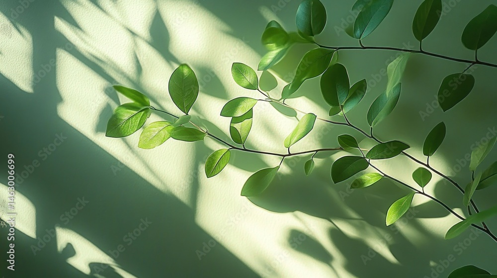 Green leafy branch casting soft, intricate shadows on a light green textured wall, creating a peaceful and natural ambiance