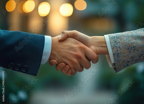 Close-up of two people shaking hands wearing business attire with blurred warm lights in the background symbolizing agreement and partnership