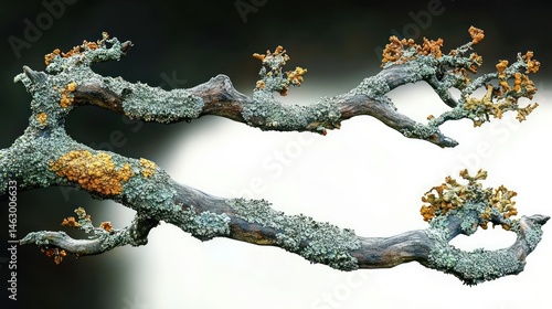 Obraz na płótnie Close-up of two dry twisted tree branches covered with greenish-gray and orange lichen against a dark to light gradient background w salonie