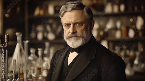 Obraz na płótnie serious elderly man with gray hair and beard standing in a vintage laboratory surrounded by glass scientific equipment and bottles w salonie