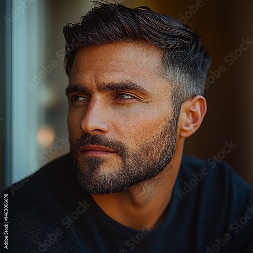 Obraz na płótnie close-up portrait of a serious young man with a neatly trimmed beard and short dark hair looking thoughtfully out of a window with warm lighting w salonie
