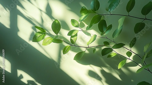 Obraz na płótnie Green leafy branch casting soft, intricate shadows on a light green textured wall, creating a peaceful and natural ambiance w salonie