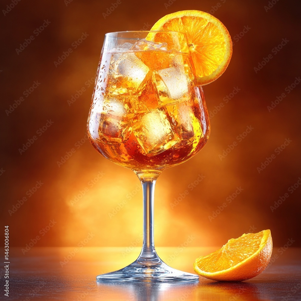Refreshing orange-colored cocktail with ice cubes garnished with a slice of orange on a glass beside an orange wedge against an orange gradient background