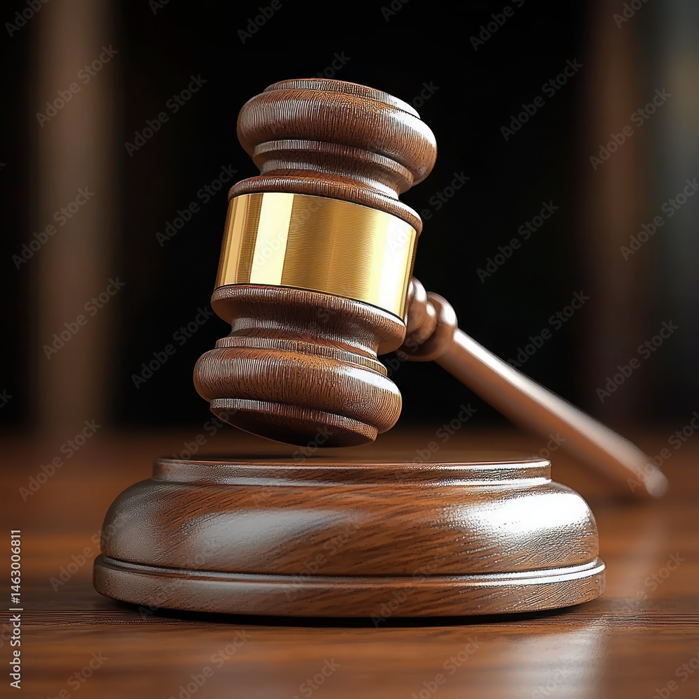 Close-up of a wooden judge's gavel resting on a wooden sound block with a golden metal band in a dimly lit room symbolizing law and justice