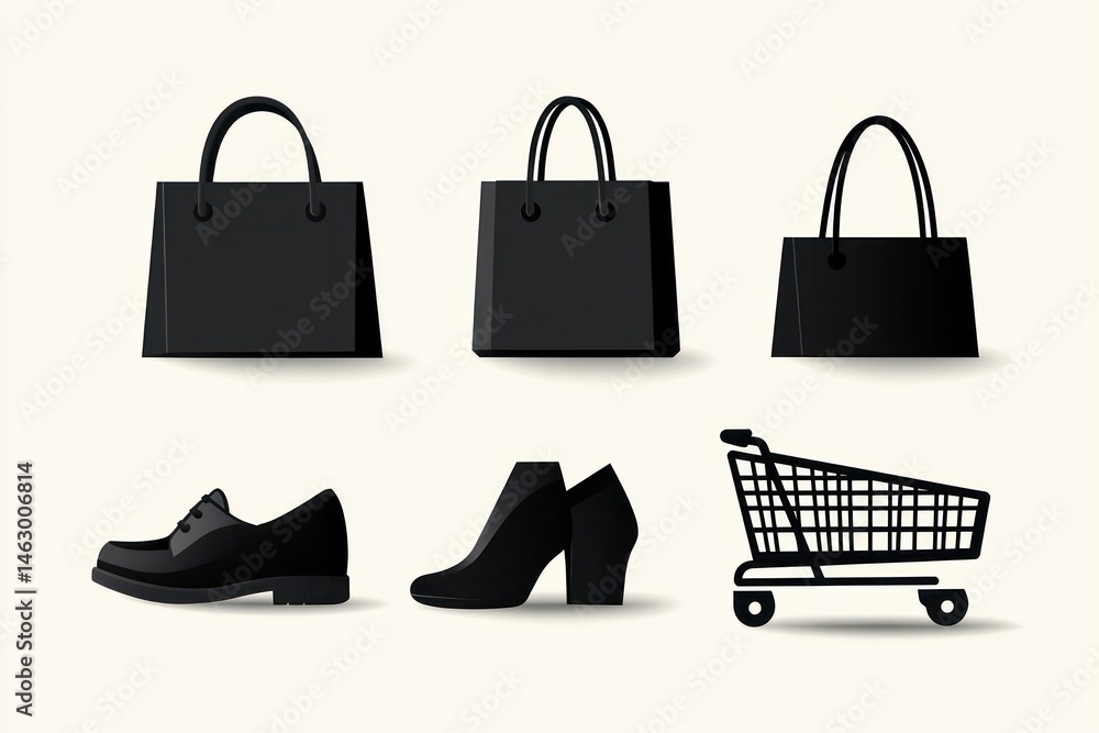 Set of black shopping bags, men's dress shoe, women's ankle boots, and a shopping cart on a light background, representing shopping and retail activities