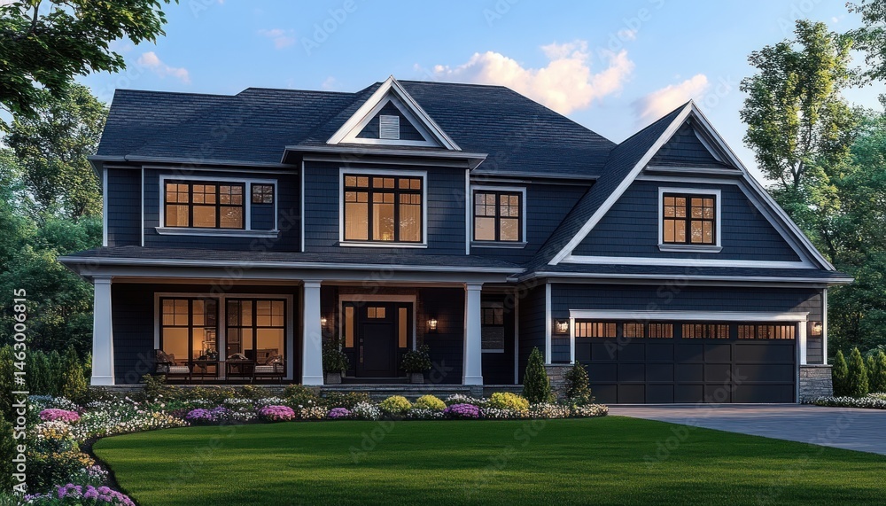 Elegant two-story dark blue suburban house with large windows, illuminated porch lights, a three-car garage, and a well-maintained garden with colorful flowers under a bright sky