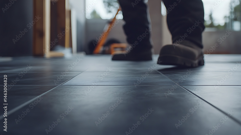 Fototapeta premium Person Walking on Tiled Floor in Construction Area