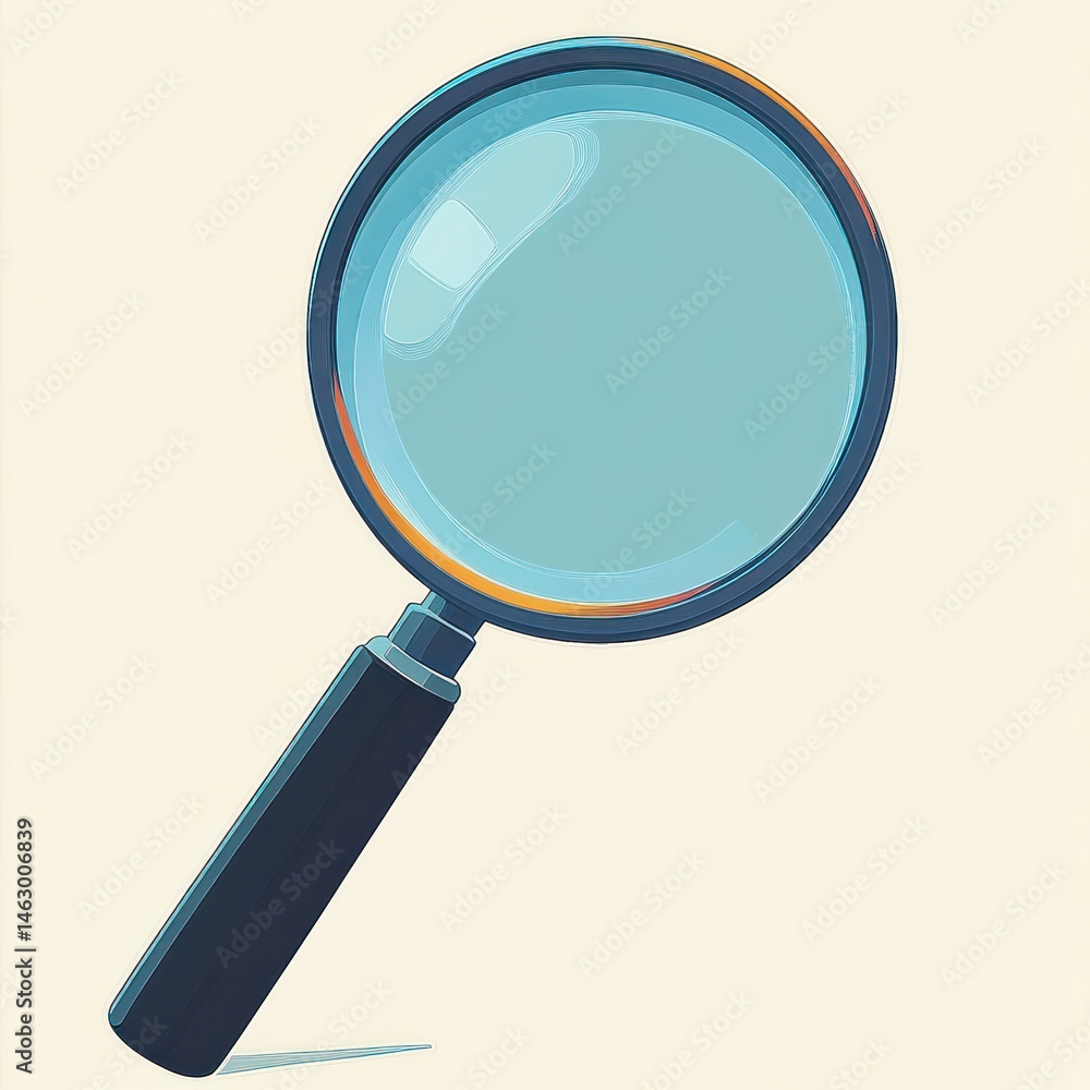 Close-up illustration of a magnifying glass with a black handle and a large clear lens casting a soft shadow on a pale background