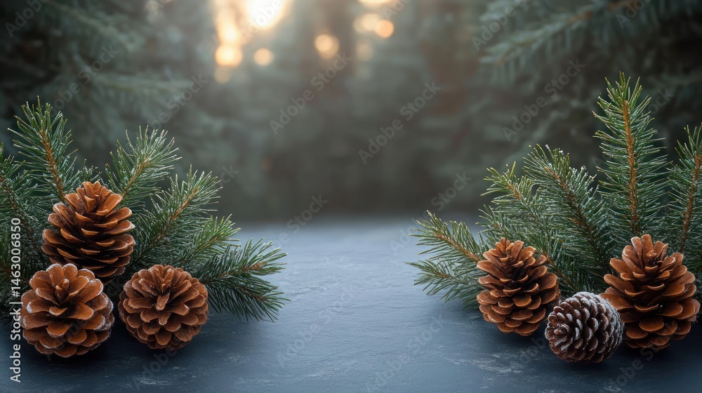 Close-up of pine cones and evergreen branches arranged on a dark surface with soft blurred forest background and warm sunlight filtering through trees creating a peaceful atmosphere