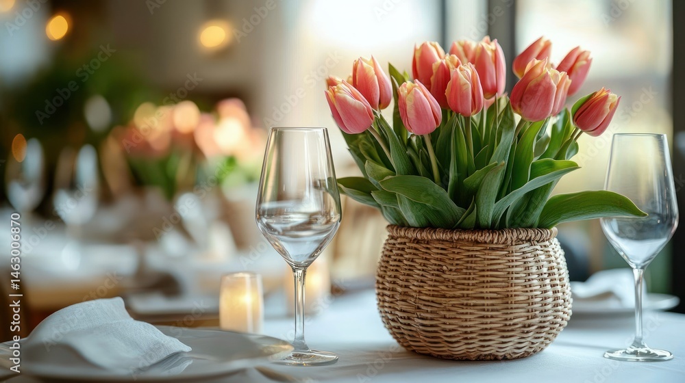 Elegant table setting with a woven basket filled with pink tulips, clear wine glasses, white plates, and folded napkins on a white tablecloth in a softly lit dining area