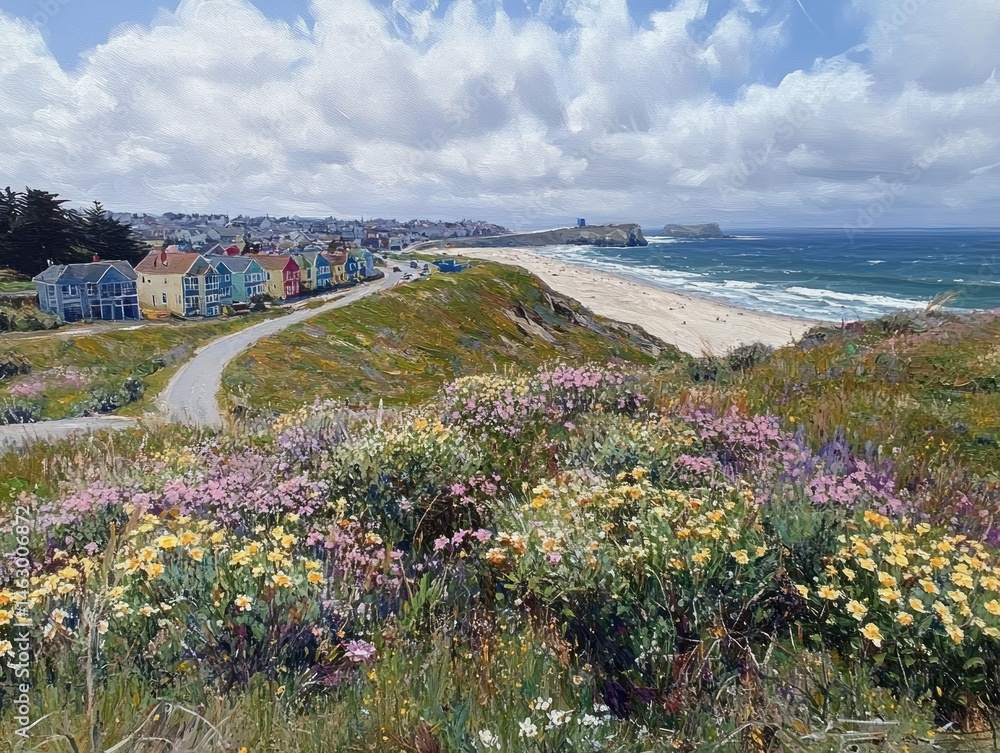 Coastal landscape with colorful houses near a winding road, wildflowers in bloom, sandy beach, and cloudy sky over the ocean, evoking a peaceful and scenic atmosphere