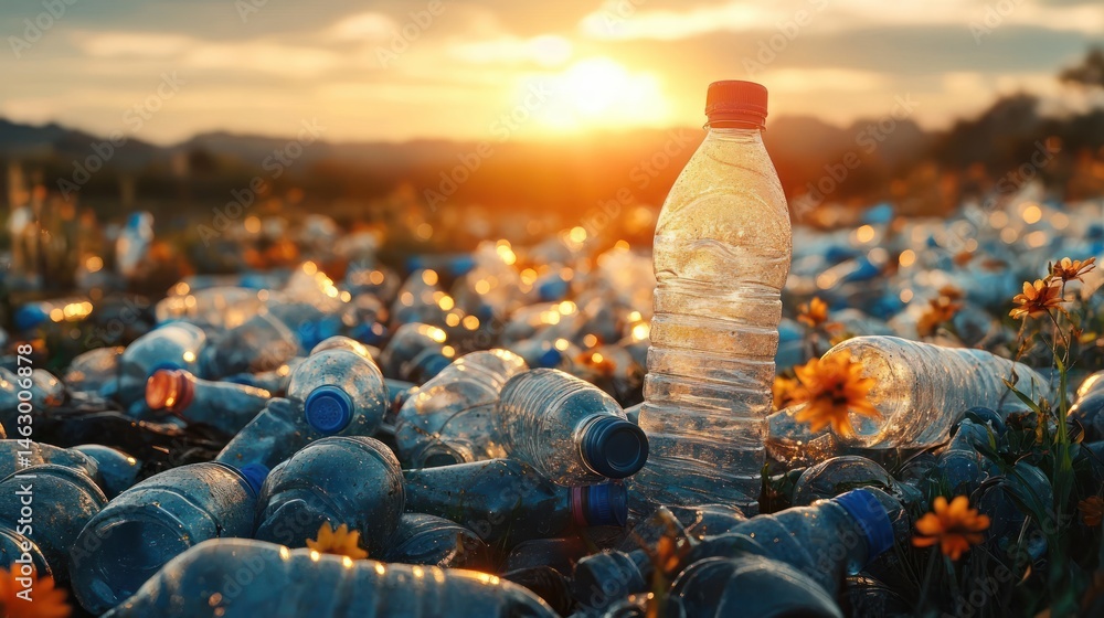 Plastic bottles litter a field filled with wildflowers at sunset, highlighting environmental pollution and nature impacted by waste