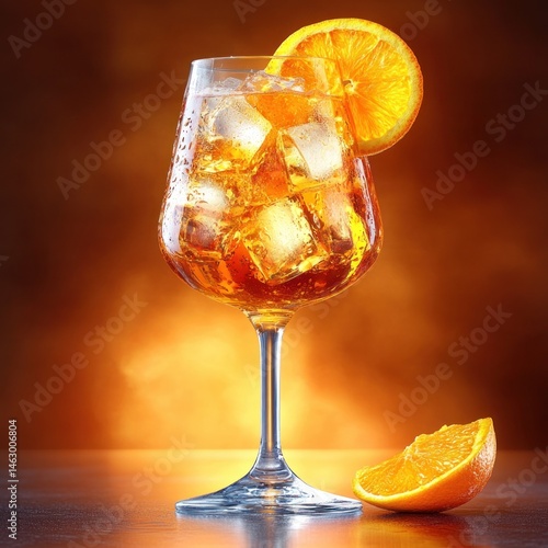 Obraz na płótnie Refreshing orange-colored cocktail with ice cubes garnished with a slice of orange on a glass beside an orange wedge against an orange gradient background w salonie