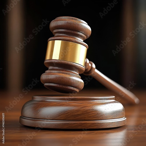Obraz na płótnie Close-up of a wooden judge's gavel resting on a wooden sound block with a golden metal band in a dimly lit room symbolizing law and justice w salonie