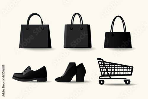 Obraz na płótnie Set of black shopping bags, men's dress shoe, women's ankle boots, and a shopping cart on a light background, representing shopping and retail activities w salonie
